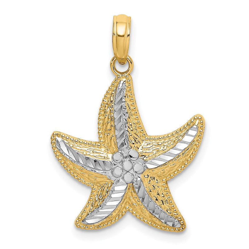 14K Gelb- und Rhodiumgold Rhodium Diamantgeschliffener Kleiner Seestern-Charm