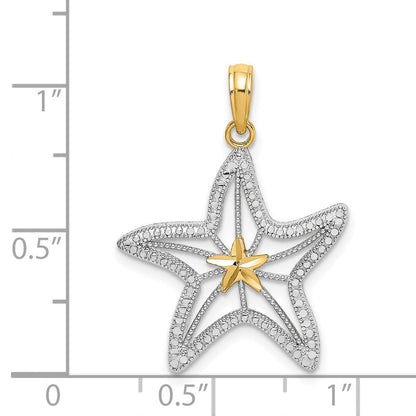 14 Karat Gelb- und Rhodiumgold mit Weißrhodium diamantgeschliffener Seestern-Charm mit Stern