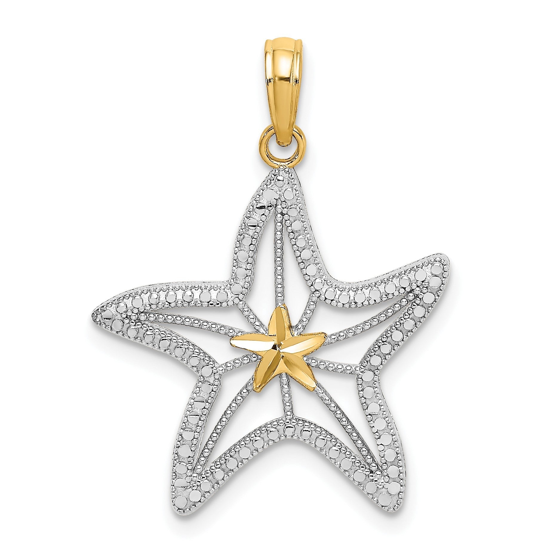 14 Karat Gelb- und Rhodiumgold mit Weißrhodium diamantgeschliffener Seestern-Charm mit Stern