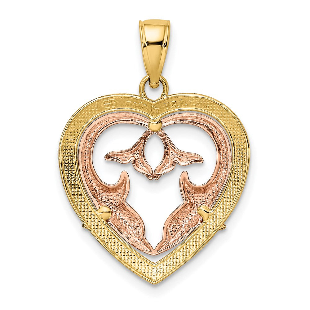 14K Bicolor-Gold Delfine im Herzrahmen Charm mit Weißrhodium