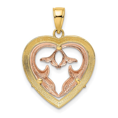 14K Bicolor-Gold Delfine im Herzrahmen Charm mit Weißrhodium