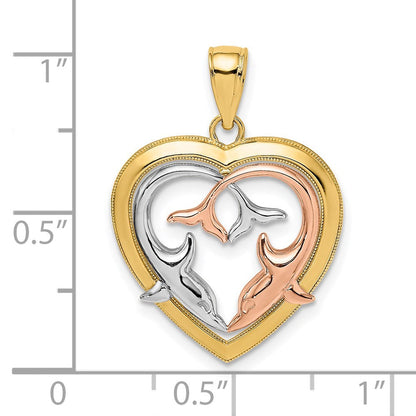 14K Bicolor-Gold Delfine im Herzrahmen Charm mit Weißrhodium