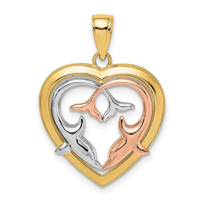 14K Bicolor-Gold Delfine im Herzrahmen Charm mit Weißrhodium