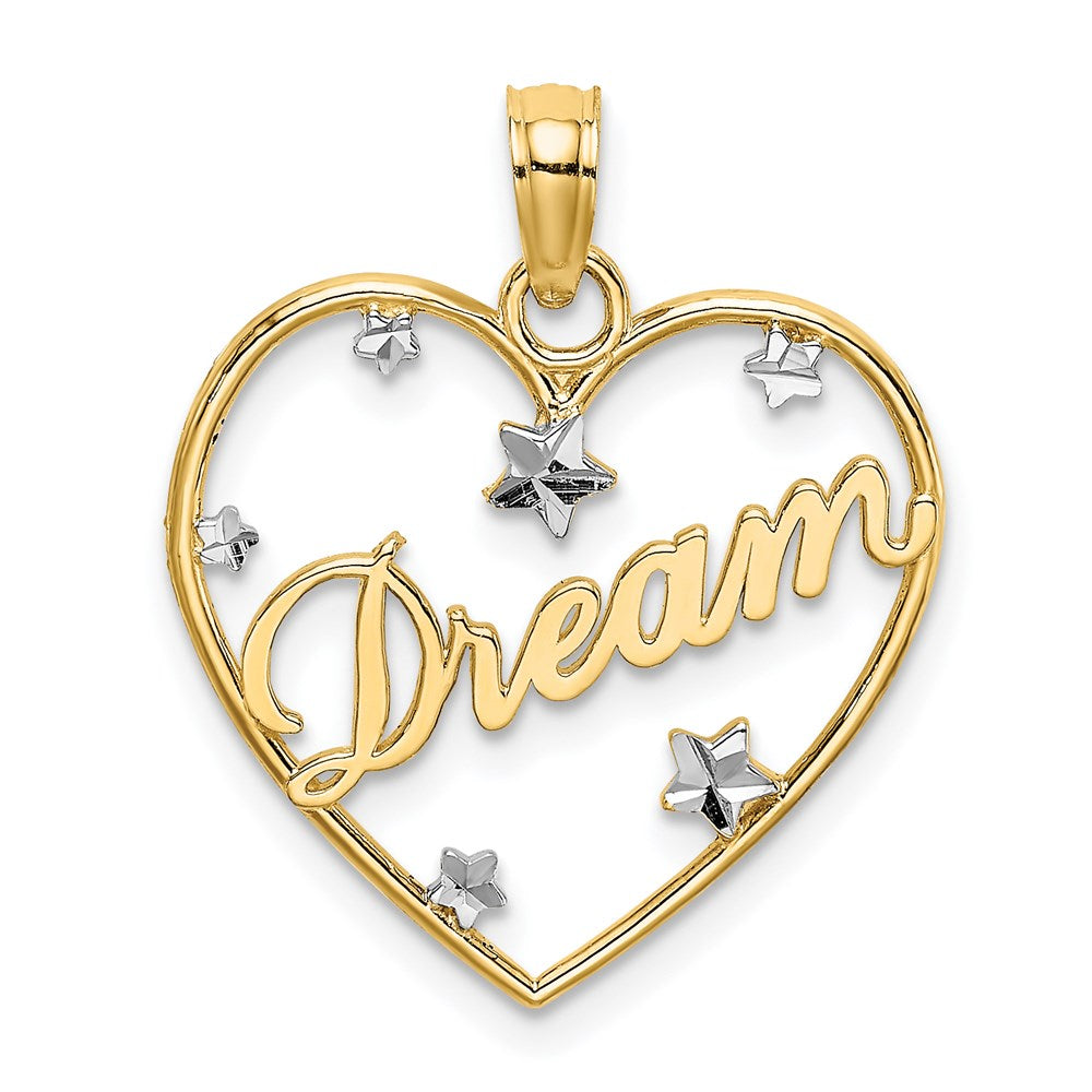 14K Gelb & Rhodium mit Rhodium Diamantiert Traum Herz mit Sterne Charm