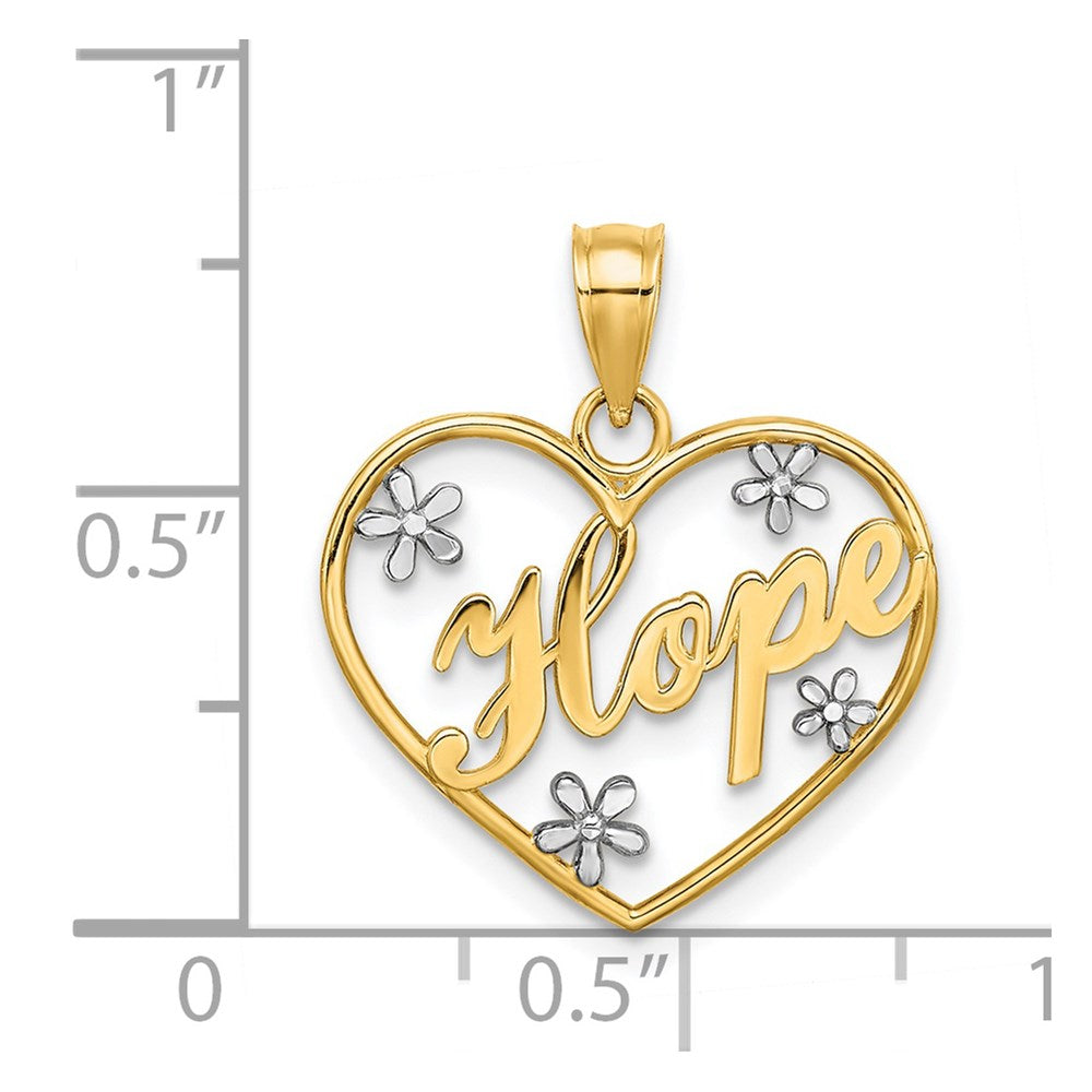14K Gelb & Rhodium mit Rhodium Hoffnung in Herz mit Blumen Charm