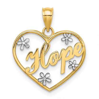 14K Gelb & Rhodium mit Rhodium Hoffnung in Herz mit Blumen Charm