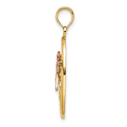 14K Bicolor-Gold mit Weiß-Rhodium Kolibri und Blumen im ovalen Rahmen Charm