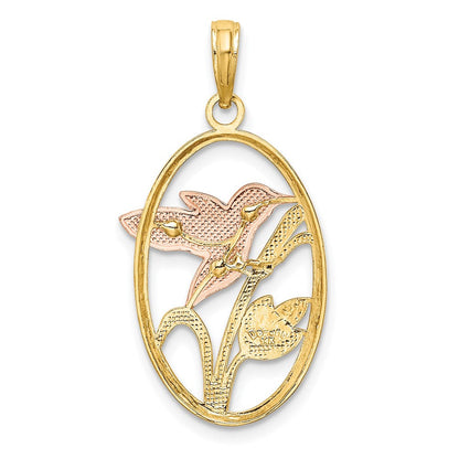 14K Bicolor-Gold mit Weiß-Rhodium Kolibri und Blumen im ovalen Rahmen Charm