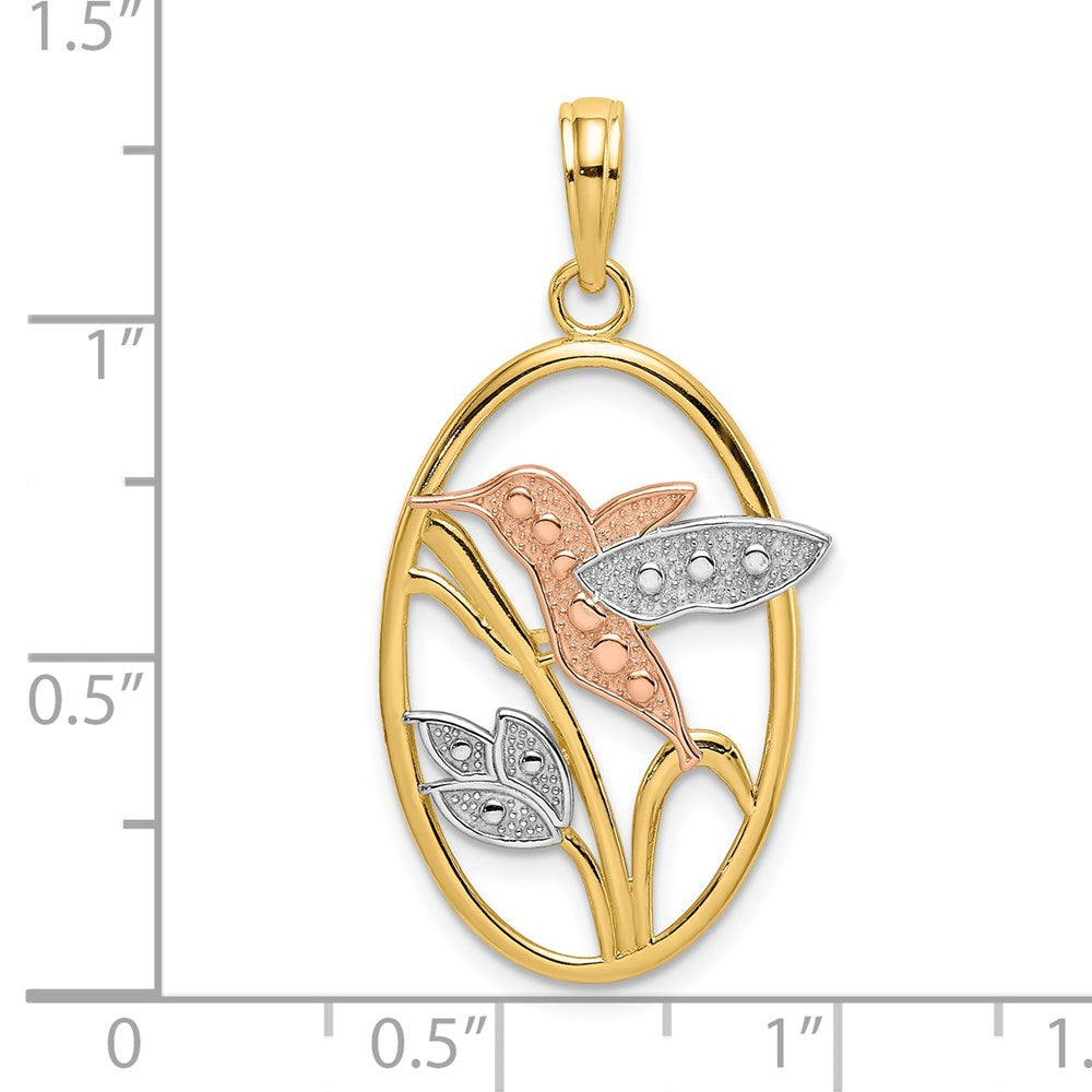 14K Bicolor-Gold mit Weiß-Rhodium Kolibri und Blumen im ovalen Rahmen Charm
