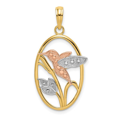 14K Bicolor-Gold mit Weiß-Rhodium Kolibri und Blumen im ovalen Rahmen Charm
