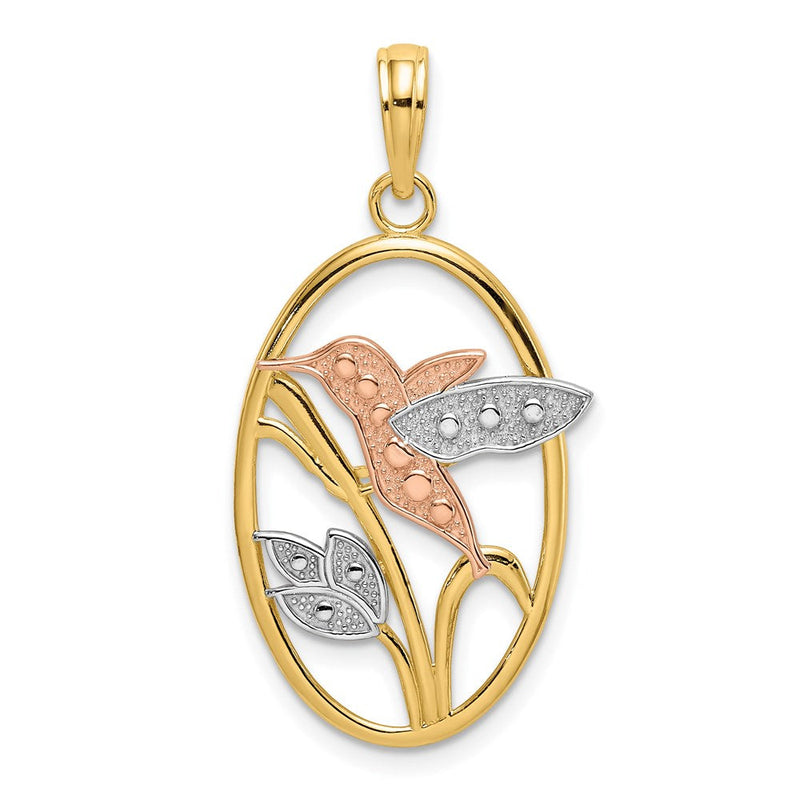 14K Bicolor-Gold mit Weiß-Rhodium Kolibri und Blumen im ovalen Rahmen Charm