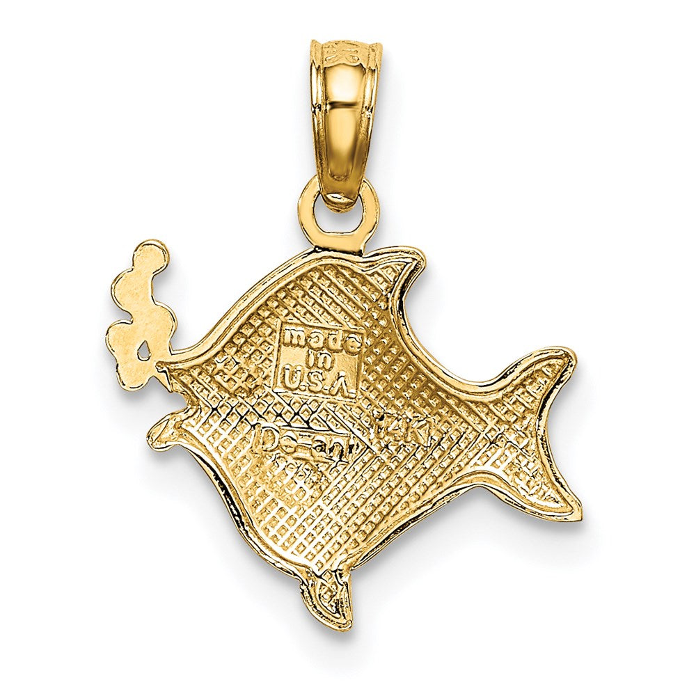 14K Gelb & Rhodium mit Weiß 2-d Fisch mit Bubbles Charm