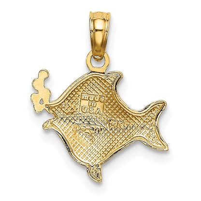 14K Gelb & Rhodium mit Weiß 2-d Fisch mit Bubbles Charm