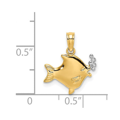 14K Gelb & Rhodium mit Weiß 2-d Fisch mit Bubbles Charm