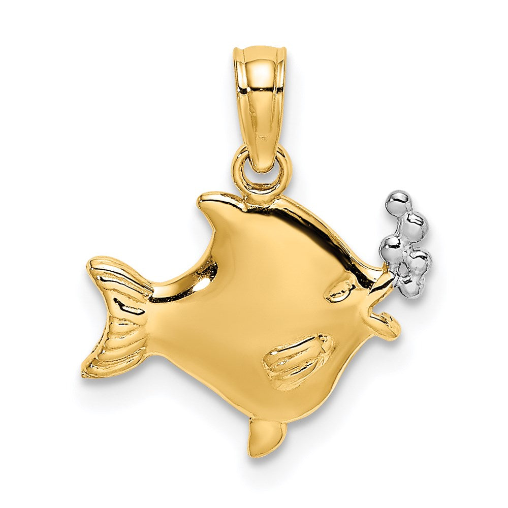 14K Gelb & Rhodium mit Weiß 2-d Fisch mit Bubbles Charm