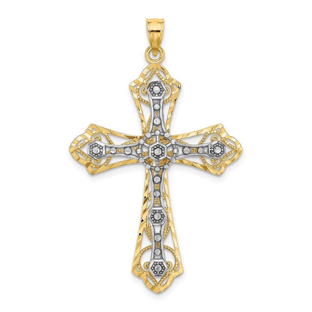 14K Bicolor-Gold Kreuz-Charm mit Diamantschliff und Filigranarbeit
