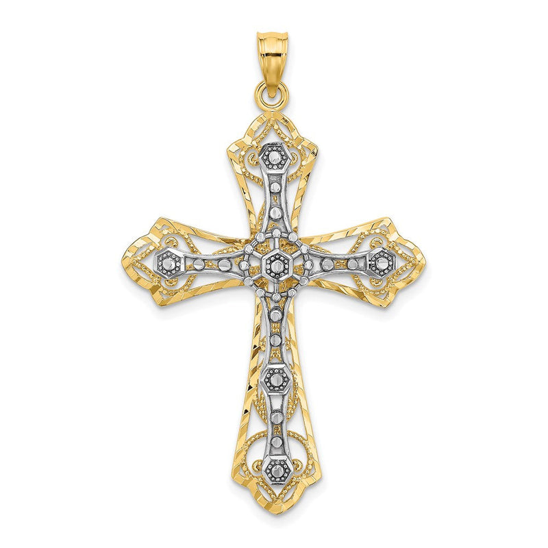14K Bicolor-Gold Kreuz-Charm mit Diamantschliff und Filigranarbeit