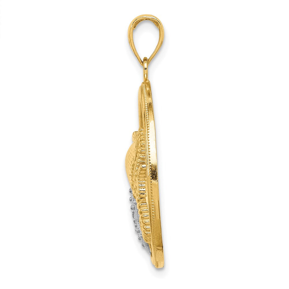 14 Karat Gelb- und Rhodiumgold mit Weißrhodium Muschelrand-Seestern-Seepferdchen-Kreis-Charm