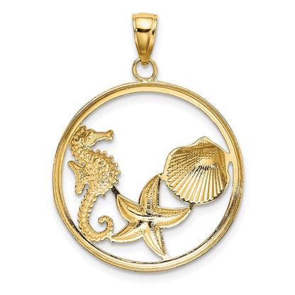 14 Karat Gelb- und Rhodiumgold mit Weißrhodium Muschelrand-Seestern-Seepferdchen-Kreis-Charm