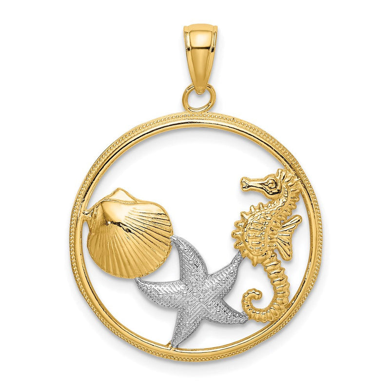 14 Karat Gelb- und Rhodiumgold mit Weißrhodium Muschelrand-Seestern-Seepferdchen-Kreis-Charm