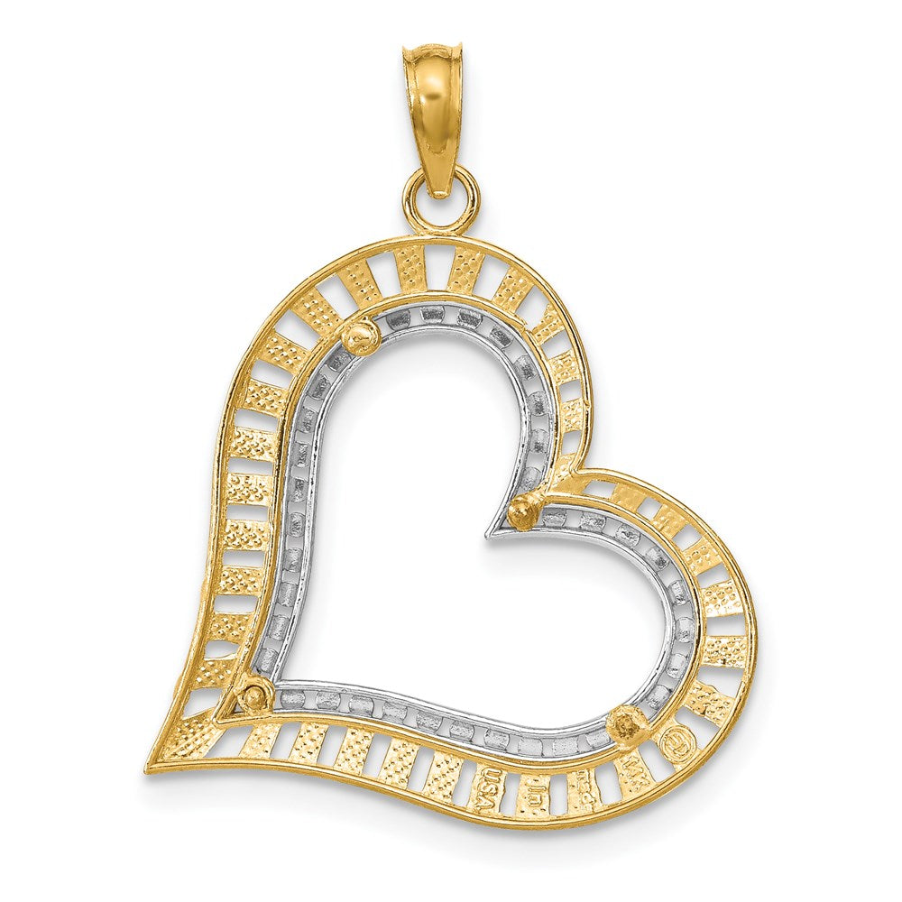 14K Gelb- & Rhodiumgold mit Rhodium diamantgeschliffener großer geneigter Herz-Charm