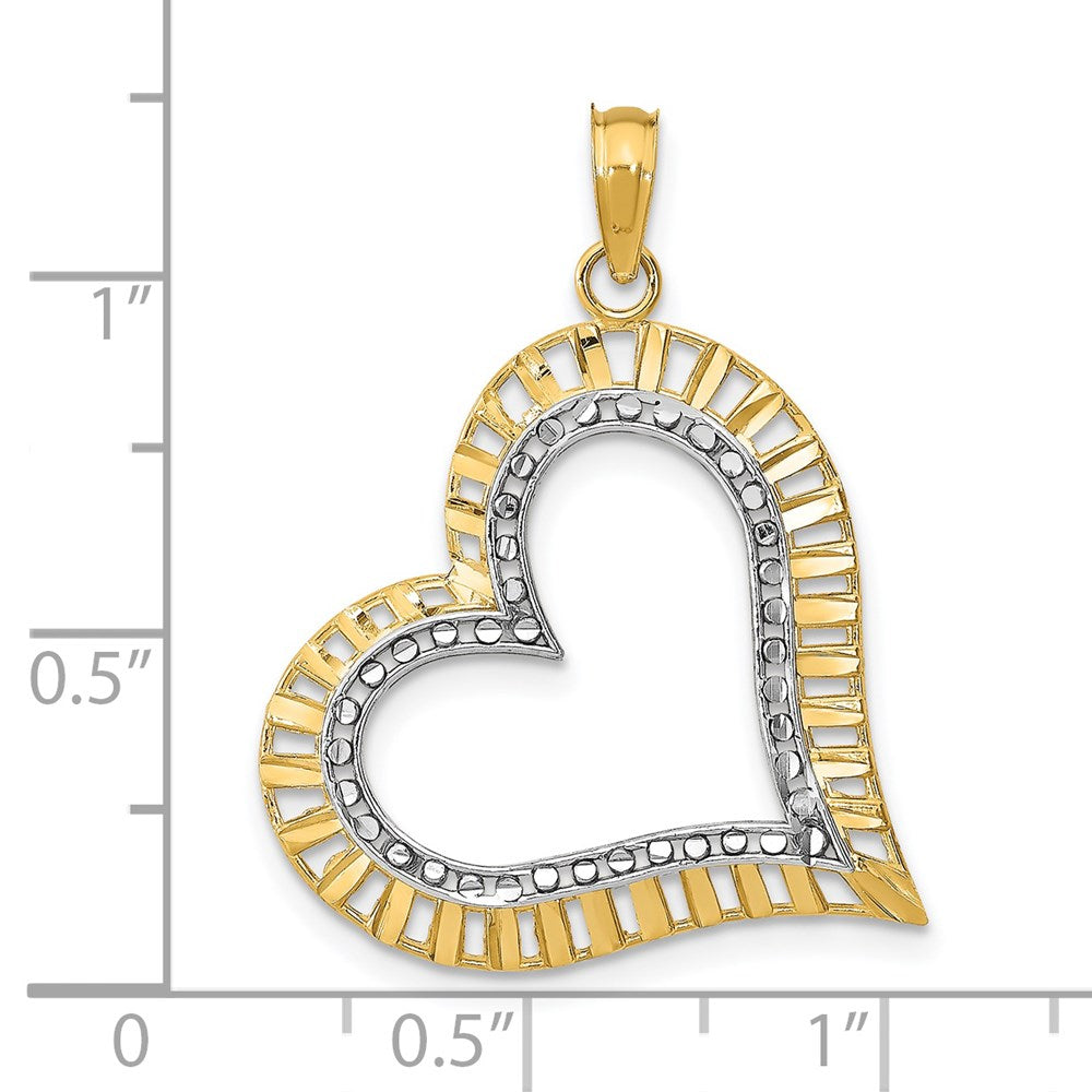 14K Gelb- & Rhodiumgold mit Rhodium diamantgeschliffener großer geneigter Herz-Charm