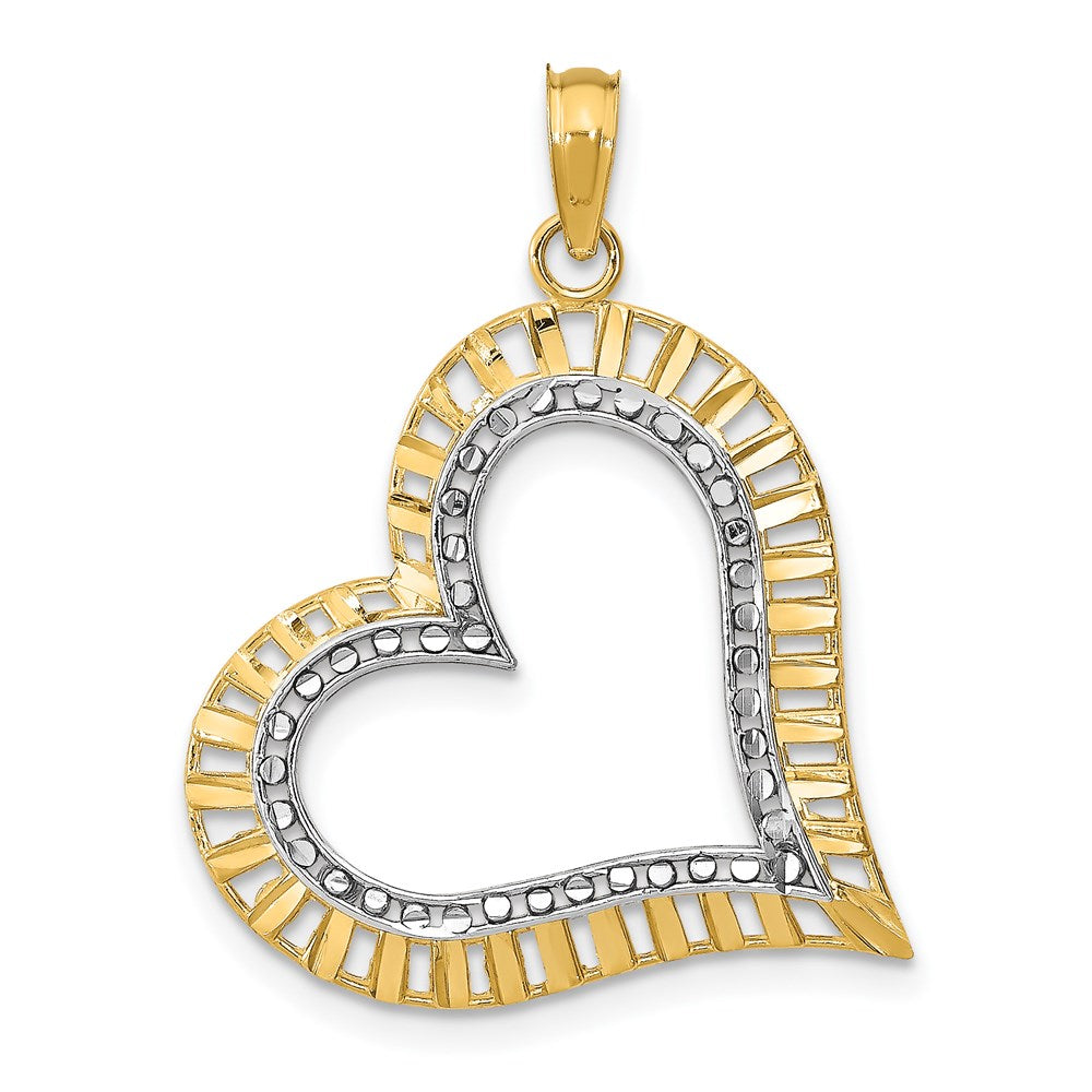 14K Gelb- & Rhodiumgold mit Rhodium diamantgeschliffener großer geneigter Herz-Charm