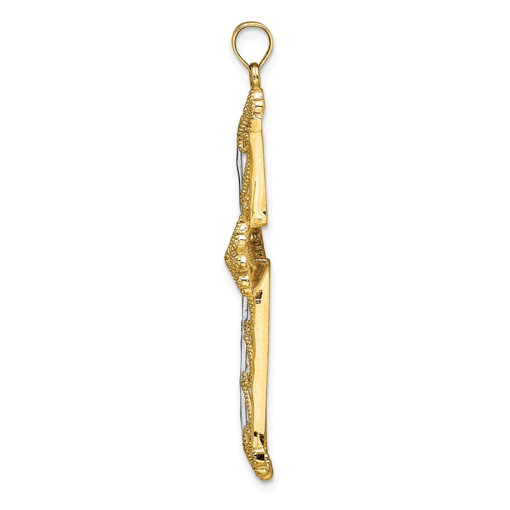 14K Gelb- und Rhodiumgold Kreuz-Charm mit Rhodium, Diamantschliff und Perlenherzen