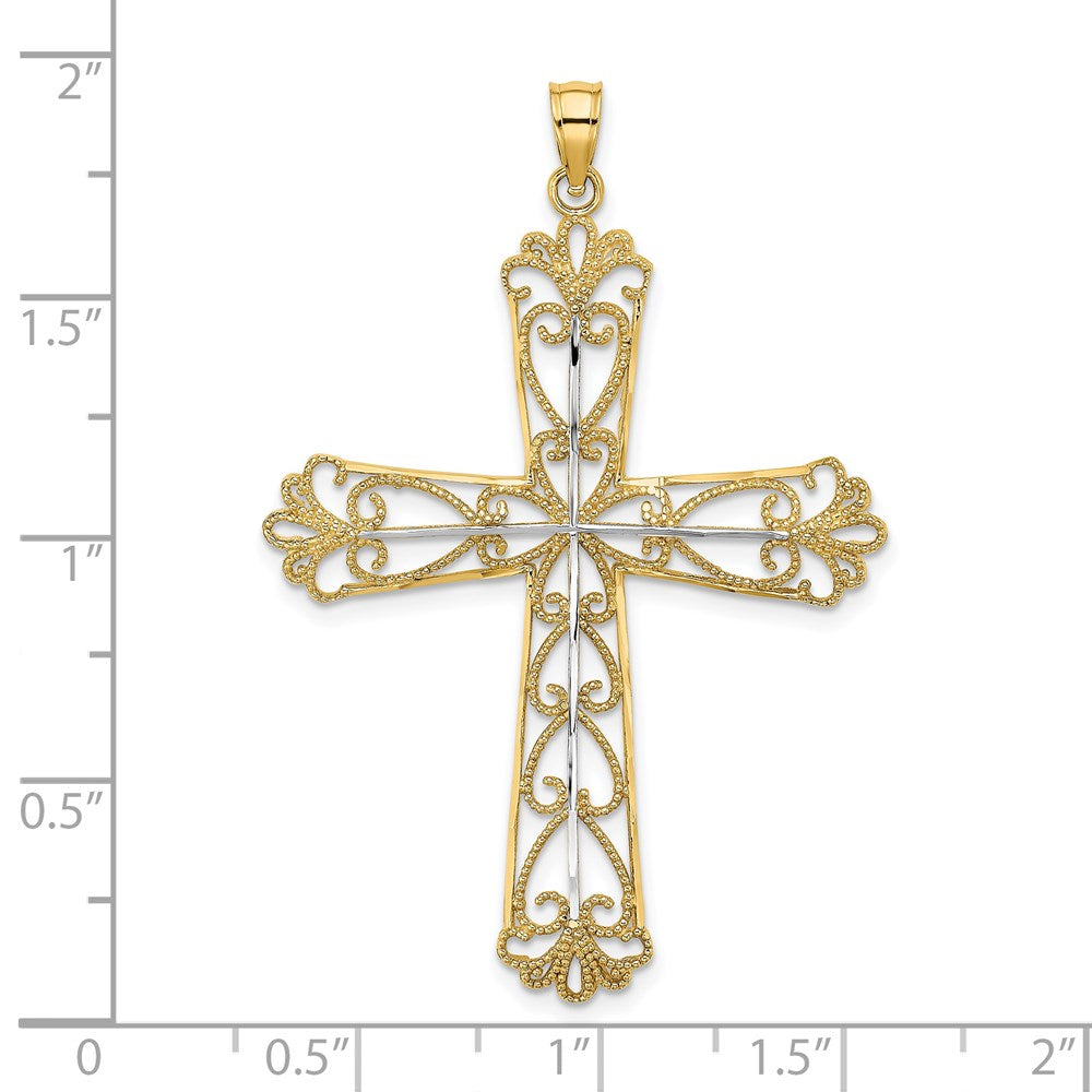 14K Gelb- und Rhodiumgold Kreuz-Charm mit Rhodium, Diamantschliff und Perlenherzen