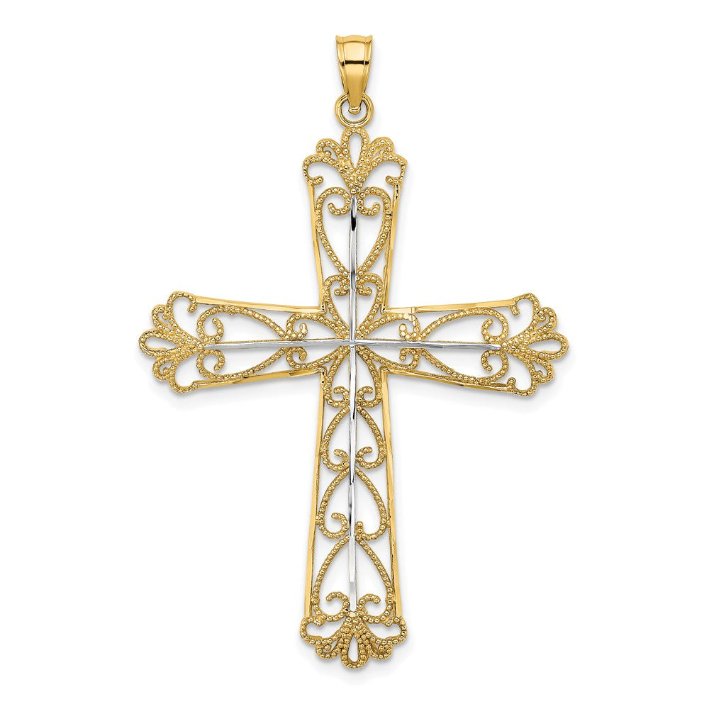 14K Gelb- und Rhodiumgold Kreuz-Charm mit Rhodium, Diamantschliff und Perlenherzen