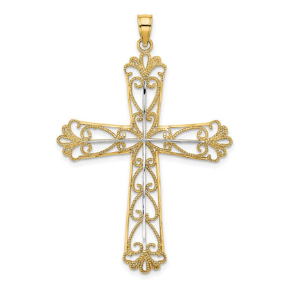 14K Gelb- und Rhodiumgold Kreuz-Charm mit Rhodium, Diamantschliff und Perlenherzen
