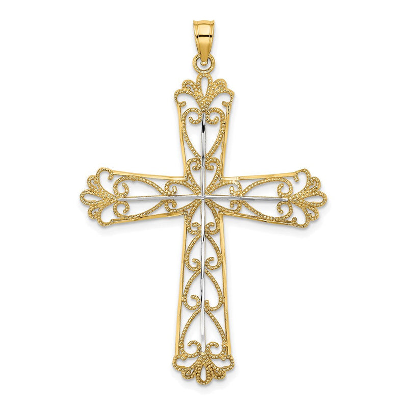 14K Gelb- und Rhodiumgold Kreuz-Charm mit Rhodium, Diamantschliff und Perlenherzen