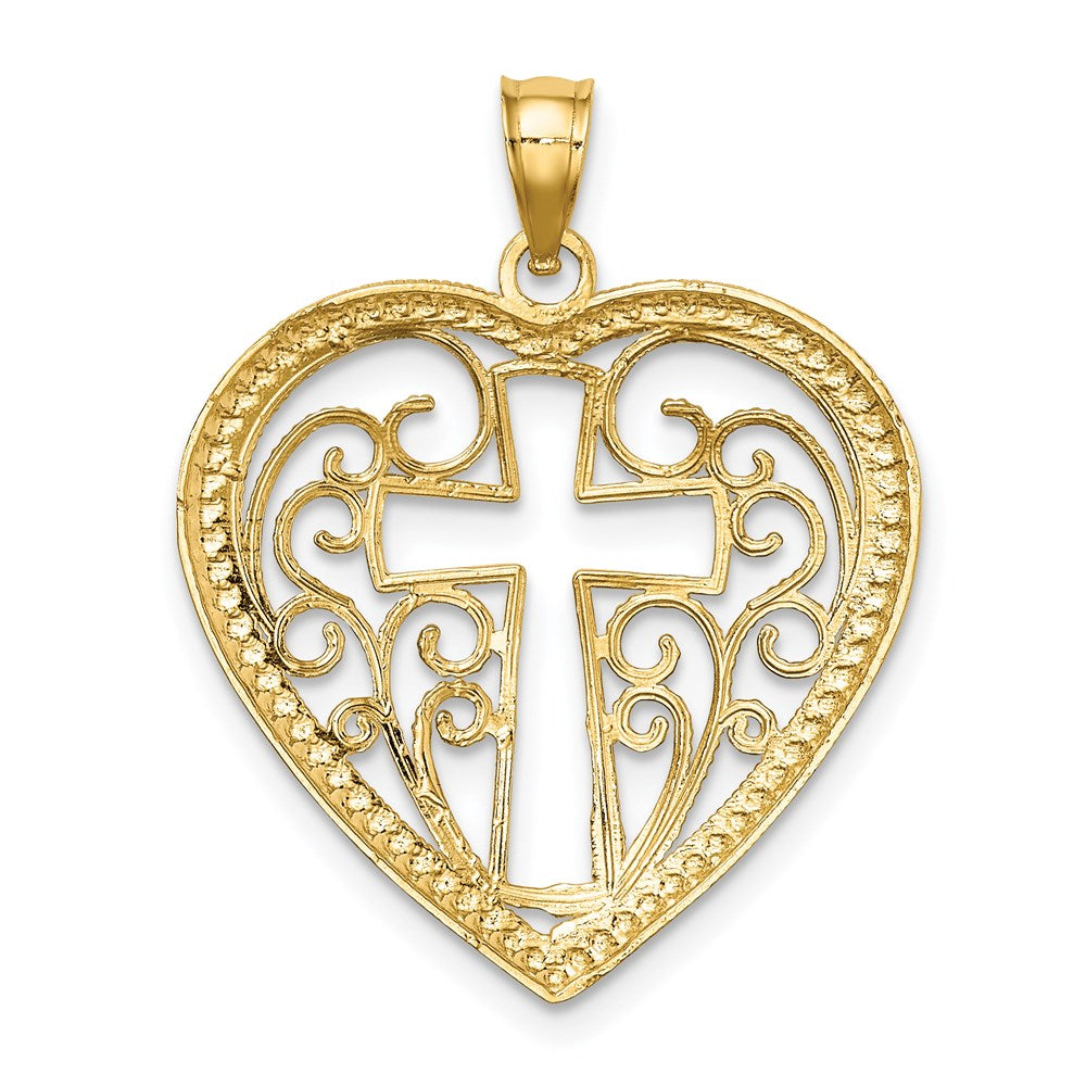 14K Gelb- und Rhodiumgold mit Rhodium, durchbrochenem und perliertem Filigran-Herz-Charm mit Kreuz