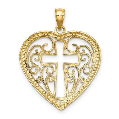 14K Gelb- und Rhodiumgold mit Rhodium, durchbrochenem und perliertem Filigran-Herz-Charm mit Kreuz