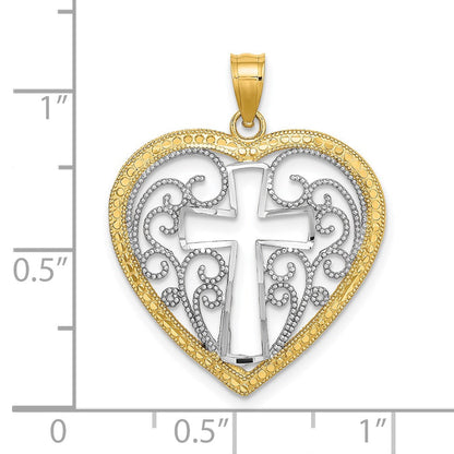 14K Gelb- und Rhodiumgold mit Rhodium, durchbrochenem und perliertem Filigran-Herz-Charm mit Kreuz