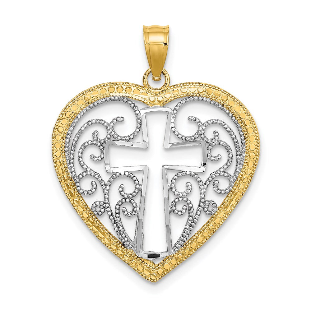 14K Gelb- und Rhodiumgold mit Rhodium, durchbrochenem und perliertem Filigran-Herz-Charm mit Kreuz