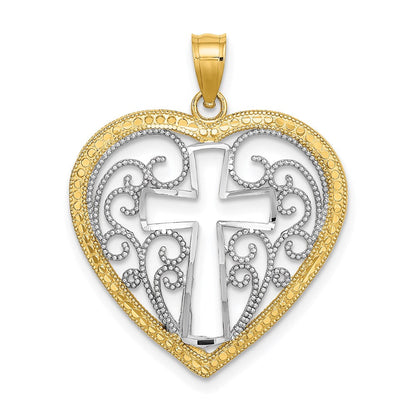 14K Gelb- und Rhodiumgold mit Rhodium, durchbrochenem und perliertem Filigran-Herz-Charm mit Kreuz