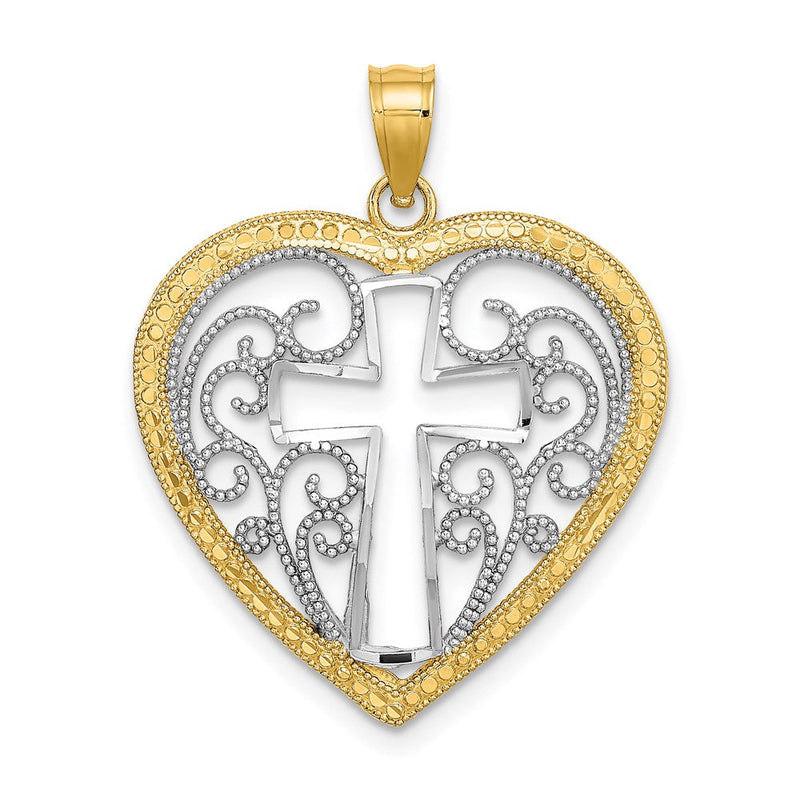 14K Gelb- und Rhodiumgold mit Rhodium, durchbrochenem und perliertem Filigran-Herz-Charm mit Kreuz