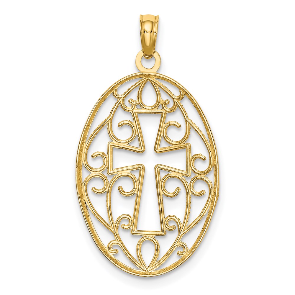 14K Gelb & Rhodium mit Rhodium Gekugelt Filigran Kreuz Charm