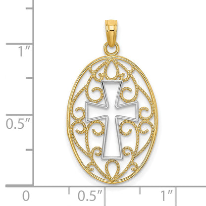 14K Gelb & Rhodium mit Rhodium Gekugelt Filigran Kreuz Charm