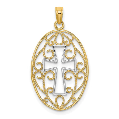 14K Gelb & Rhodium mit Rhodium Gekugelt Filigran Kreuz Charm