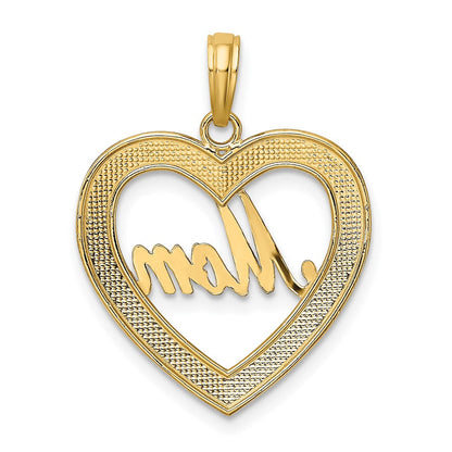 14K Gelb- & Rhodium-Gold mit Rhodium diamantgeschliffener Herz-MOM-Charm