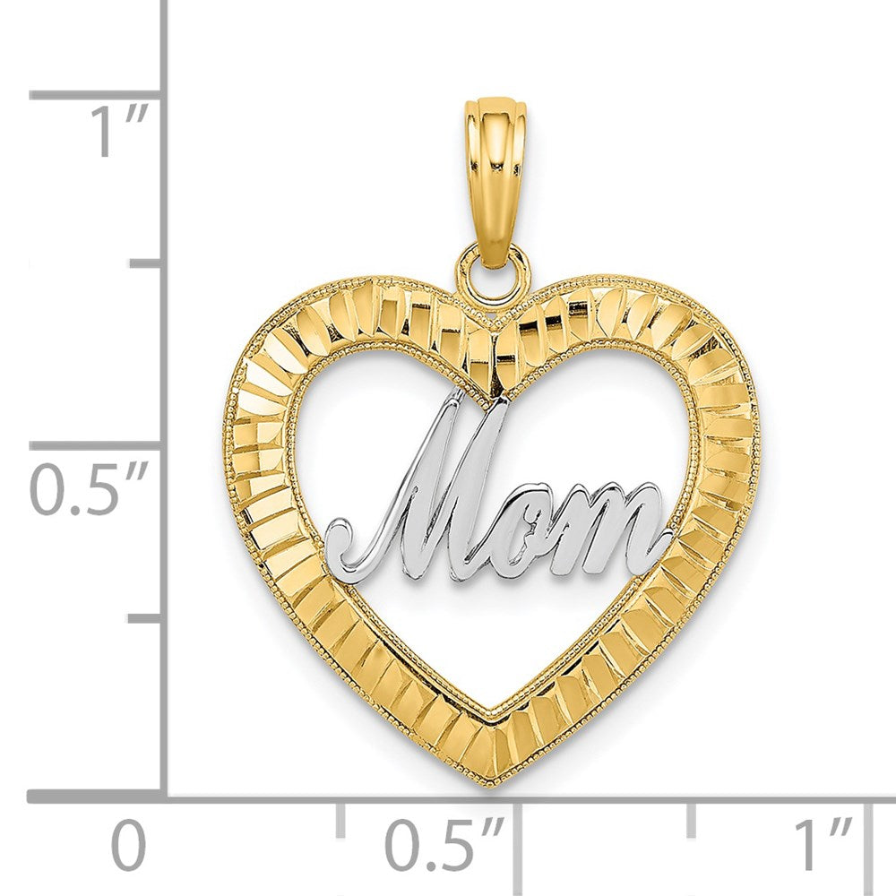 14K Gelb- & Rhodium-Gold mit Rhodium diamantgeschliffener Herz-MOM-Charm