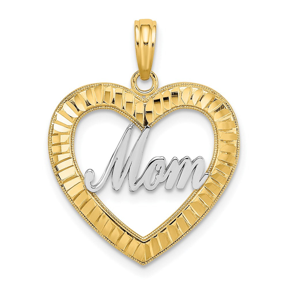 14K Gelb- & Rhodium-Gold mit Rhodium diamantgeschliffener Herz-MOM-Charm