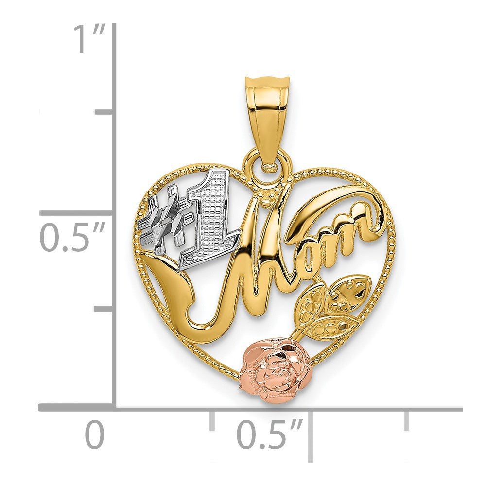 14K Zweifarbiges Gold, Gelb- und Roségold mit Weißrhodium – Herz-Charm "#1 MOM