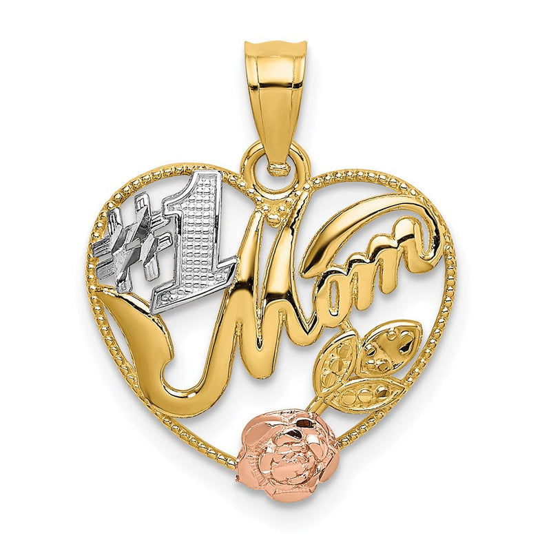 14K Zweifarbiges Gold, Gelb- und Roségold mit Weißrhodium – Herz-Charm "#1 MOM