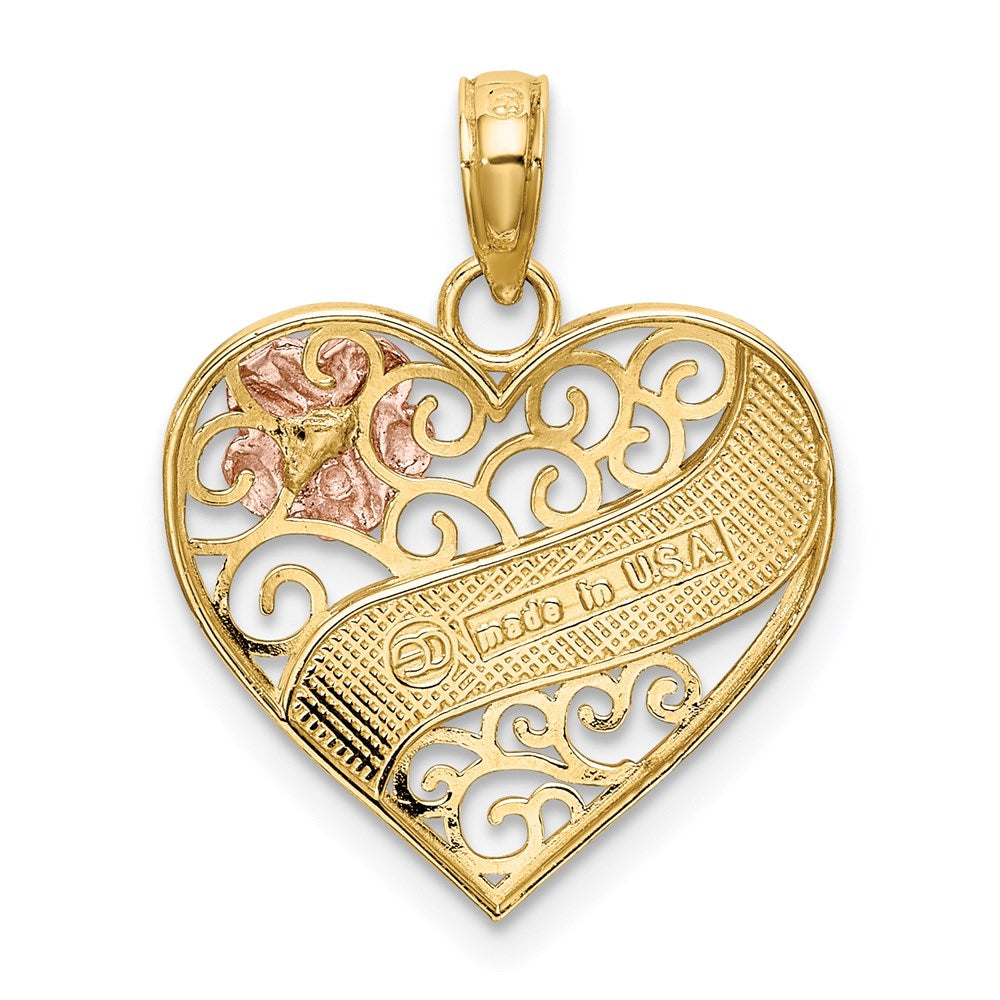 14K Bicolor-Gold Charm mit LOVE-Banner aus Weißrhodium auf filigranem Herz