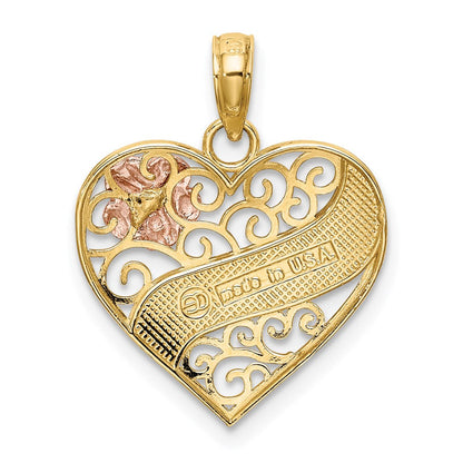 14K Bicolor-Gold Charm mit LOVE-Banner aus Weißrhodium auf filigranem Herz
