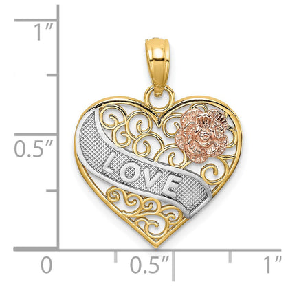14K Bicolor-Gold Charm mit LOVE-Banner aus Weißrhodium auf filigranem Herz