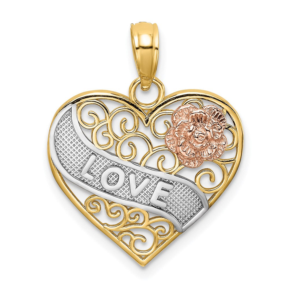 14K Bicolor-Gold Charm mit LOVE-Banner aus Weißrhodium auf filigranem Herz